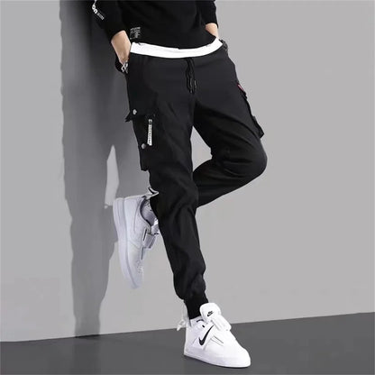 Men's Cargo Pants Casual Hip Hop Hit Color Multiple Pockets Trousers Streetwear Ribbons Techwear Sweatpants Boys