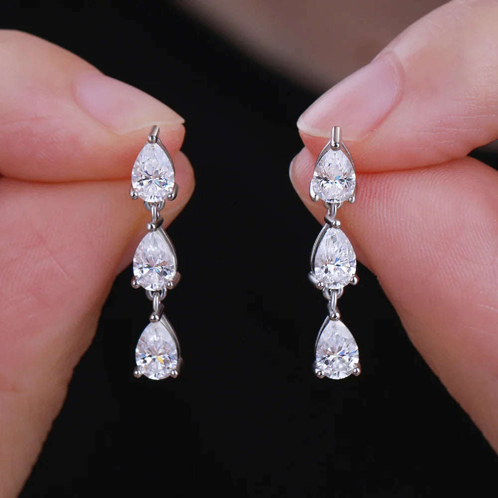 3-Stone Pear Cut Real Moissanite Diamond Drop Earrings for Women 925 Sterling Silver Waterdrop Dangle Earring with Certificate