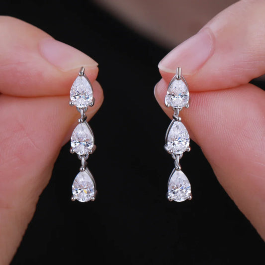 3-Stone Pear Cut Real Moissanite Diamond Drop Earrings for Women 925 Sterling Silver Waterdrop Dangle Earring with Certificate