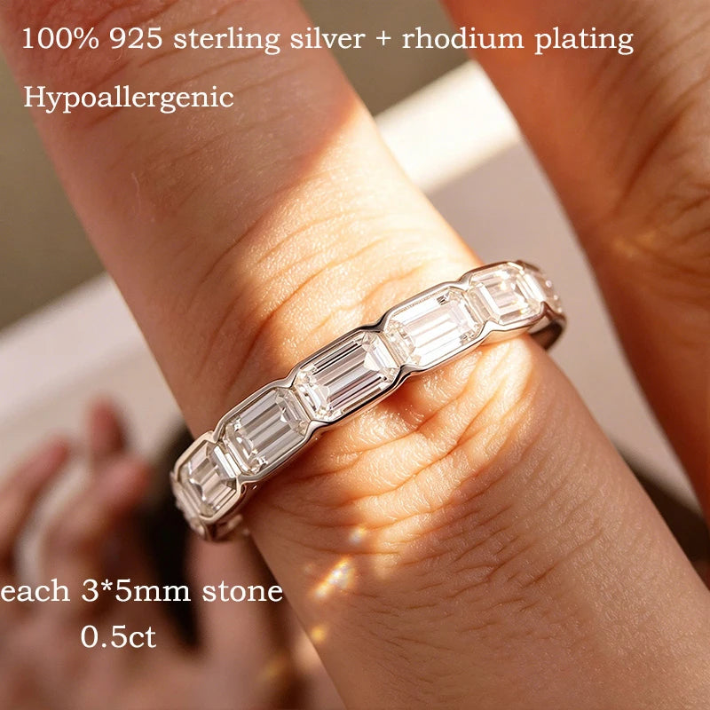 D Vvs1 3*5mm Emerald Cut Moissanite Rings for Women Full Eternity Bands Wedding Bridal Jewelry Pure S925 Silver Gift