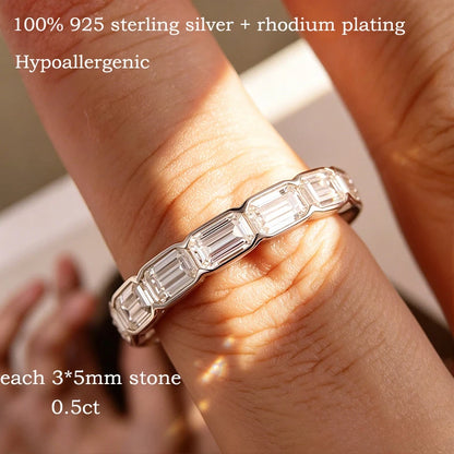 D Vvs1 3*5mm Emerald Cut Moissanite Rings for Women Full Eternity Bands Wedding Bridal Jewelry Pure S925 Silver Gift