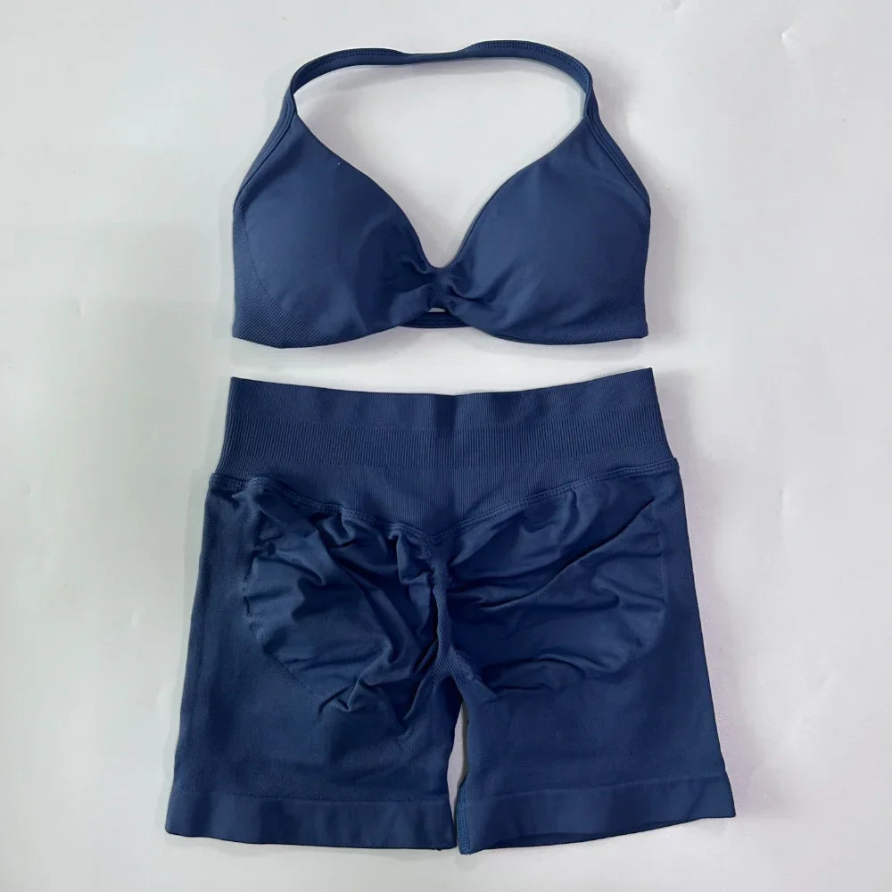 NO LOGO 2PCS Gym Set Women Strappy Yoga Bra Top High Waist Workout Scrunch Shorts Sports Suit Seamless Yoga Set Fitness Clothes