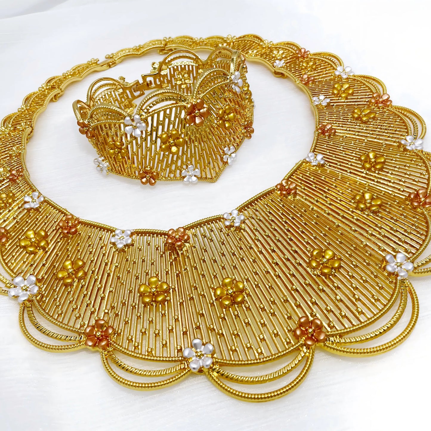 Jewelry Set For Women Tricolor Plating Luxury Design Necklace Earrings Bangle And Ring Full Set Jewelry Wedding Party Gift