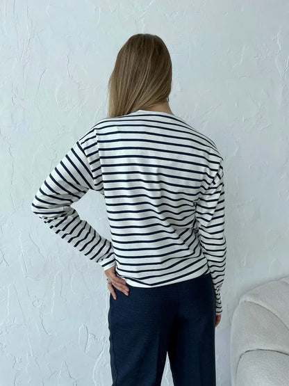 2025 Summer Long Sleeve Striped T-Shirts Women Basic Casual Tops Female Cozy Loose Cotton Tees Harajuku T Shirt New