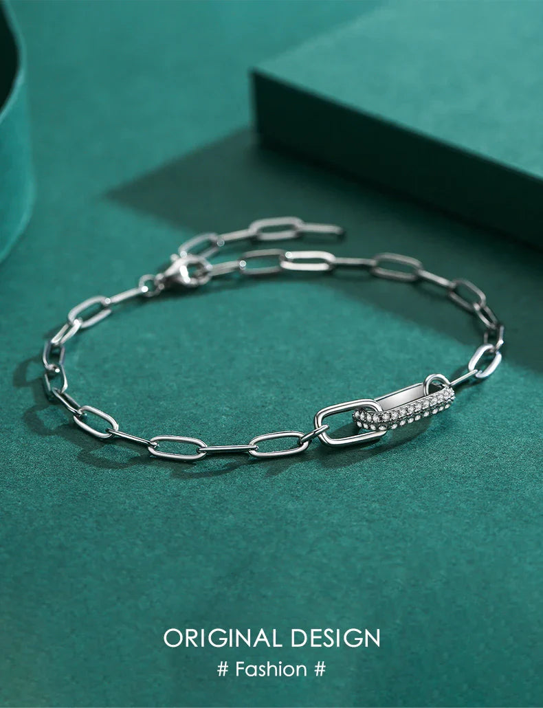 Trendy 925 Sterling Silver Geometric Link Lock Bracelet for Women Classic Zirconia Chain Female Bracelets Fine Jewelry