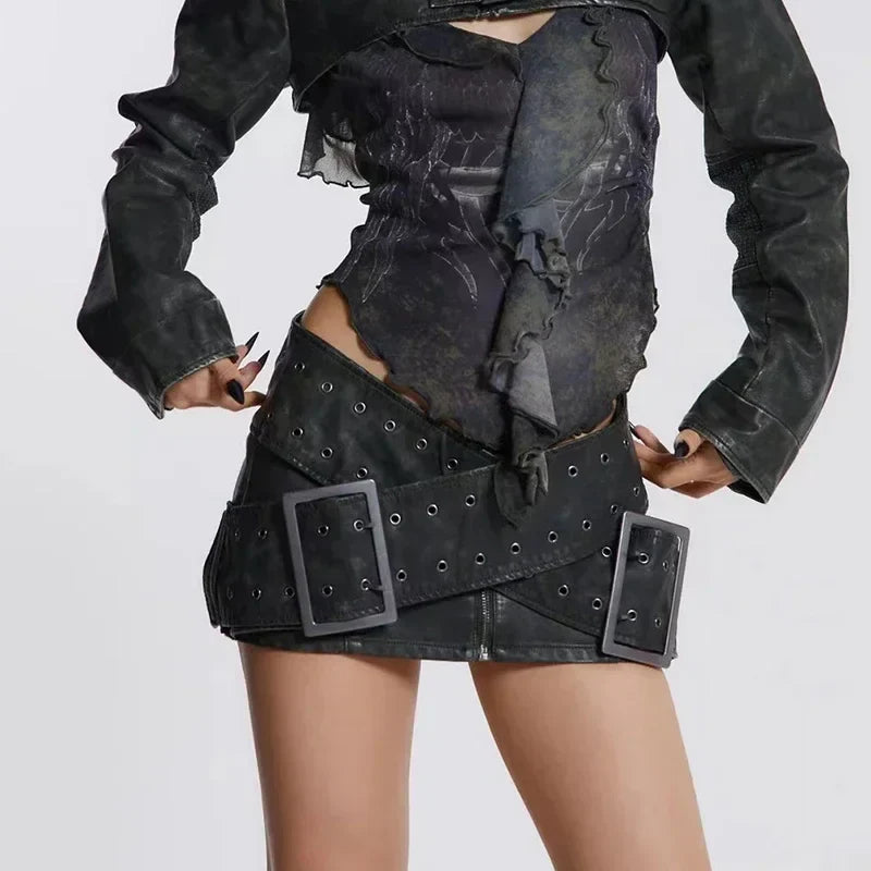 2026 Summer Casual Retro Style Sashes Y2k Fashion Leather Skirts Women's Vintage High Waist Slim Fit A-line Hotsweet Mini Skirt