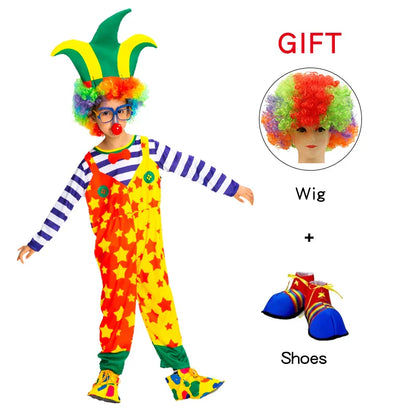 Kids Clown Cosplay Costumes Shoes and Wig Performance Funny Outfit for Girl Party Gift