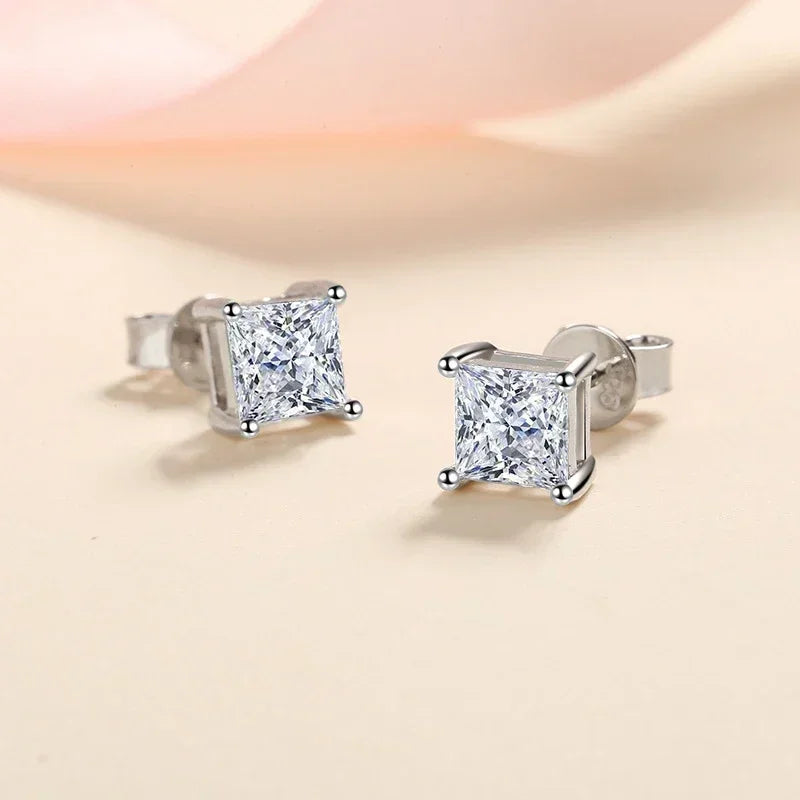 1ct Princess Cut Moissanite Earrings for Women S925 Sterling Silver with Gold Plated Ear Studs Wedding Party Fine Jewelry