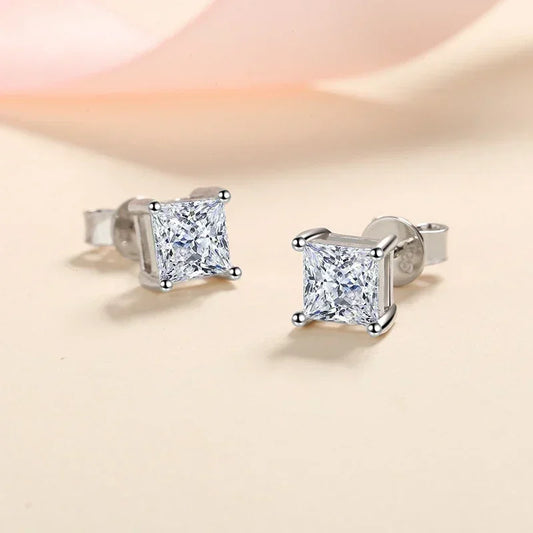 1ct Princess Cut Moissanite Earrings for Women S925 Sterling Silver with Gold Plated Ear Studs Wedding Party Fine Jewelry