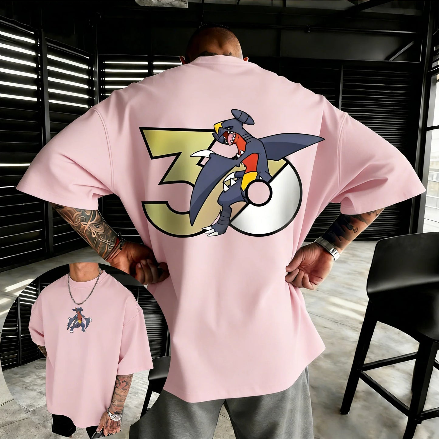 30th Anniversary Garchomp Printed T-shirt Summer Men's and Women's Loose Casual Hip Hop Trendy Short Sleeve Top