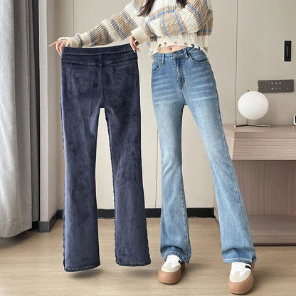 Fashion New Women Warm Plush Flared Jeans Thermal Fleece Loose Denim Pants Female High Waist Urban Straight Flare Trouser