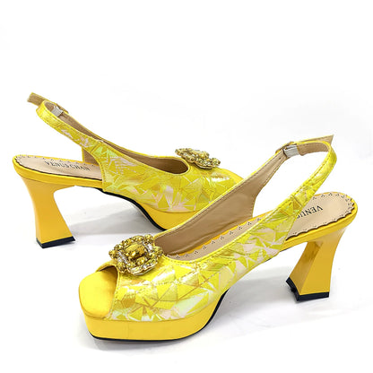 Elegant Women Heels for Peep Toe Good Material Design Rhinestone Fuchsia Sandals Italian Shoes and Bags Matching Set 2025