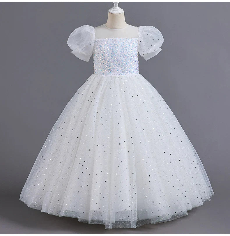 Children's Dress Girls' Princess Sequin Bubble Sleeve Long Mesh Flower Little Girl Wedding For Summer