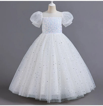 Children's Dress Girls' Princess Sequin Bubble Sleeve Long Mesh Flower Little Girl Wedding For Summer