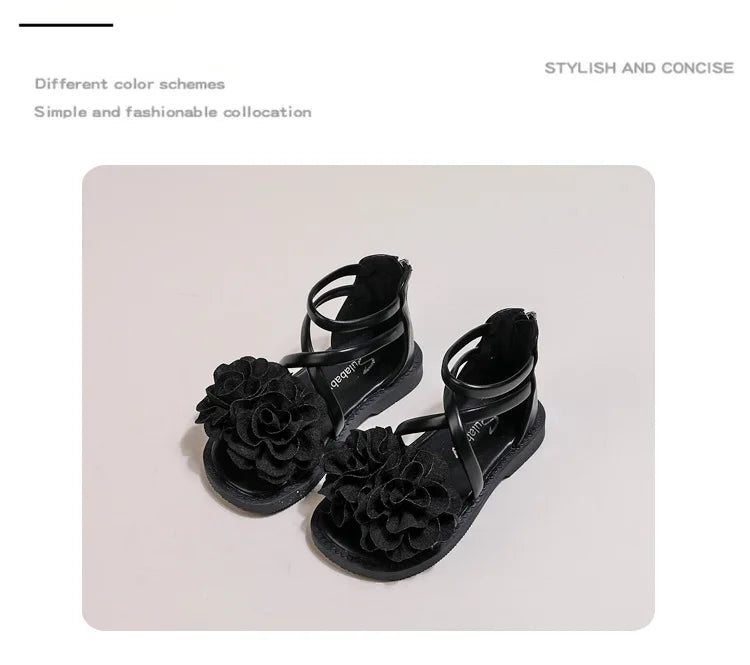 Girls' Sandals 2024 Summer New Children's Flower Princess Shoes Soft Sole Anti Slip Baby Girls' Roman Sandals