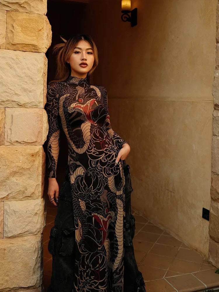 See Through Blouse Women Snake Print Half-High Neck Long Sleeves High Slits High Elasticity Street Skinny Trend Long Tops