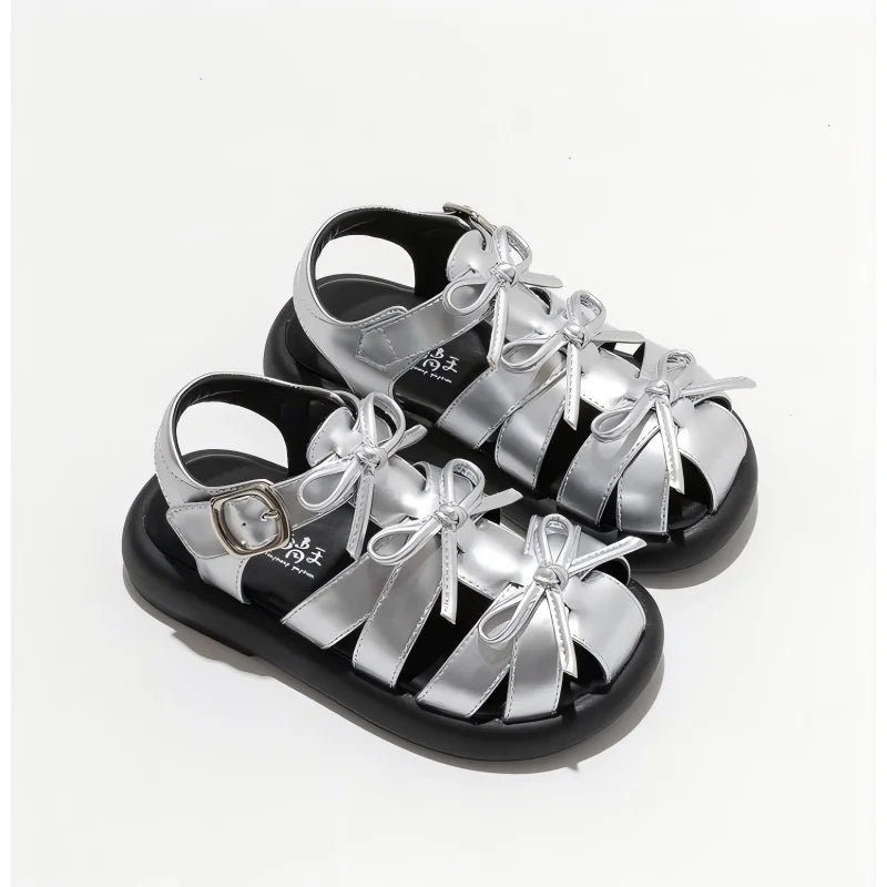 Kids'Casual Shoes Sandals PU Leather Bow Fashion Summer Shoes For Girls Hook and Loop Anti-slip Silver Black Shoes Size 26-36