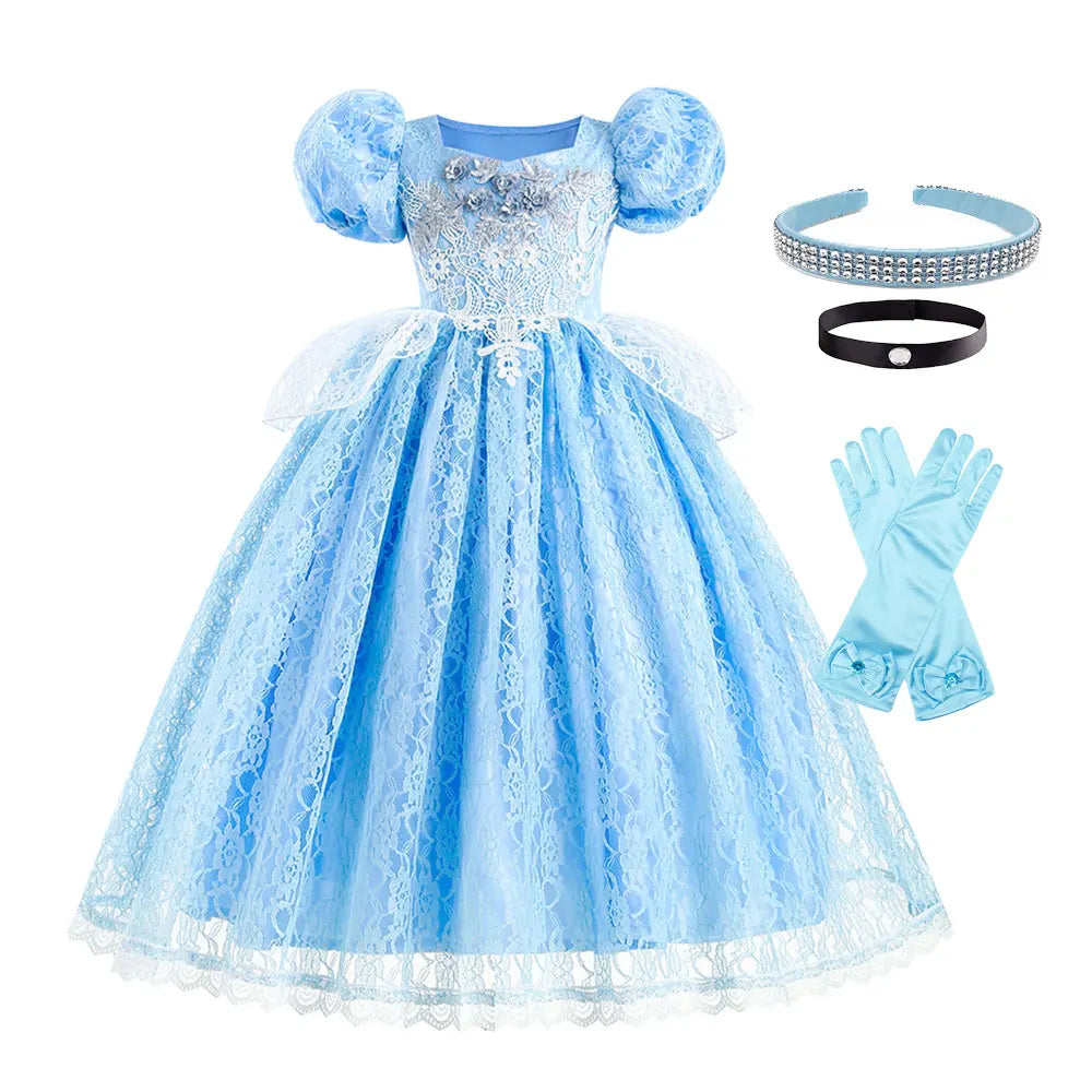 Kid Chic Cinderella Lace Ball Gown Princess Cosplay Floral Party Dress Fairy Punmkin Car Girls Story Role Play Carnival Costume