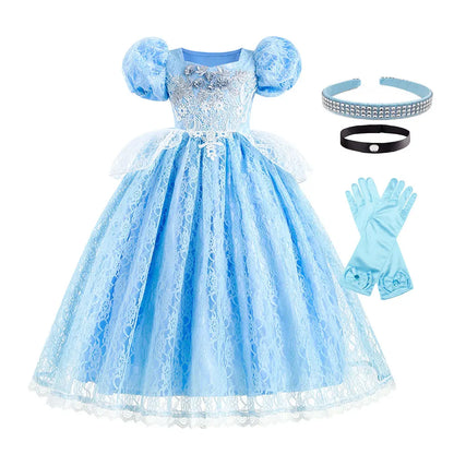 Kid Chic Cinderella Lace Ball Gown Princess Cosplay Floral Party Dress Fairy Punmkin Car Girls Story Role Play Carnival Costume