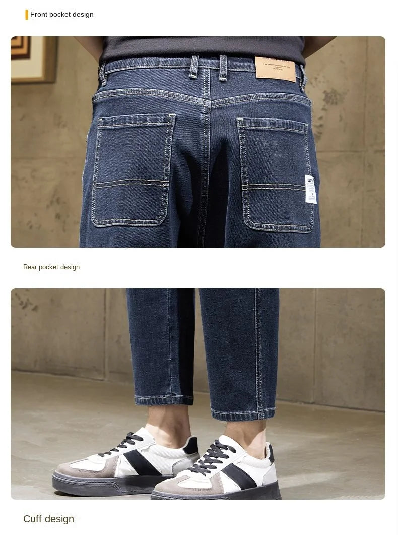 Men's Baggy Straight Leg Jeans Casual Stretch Denim 9-Length Comfortable Loose Trousers Spring Autumn Versatile Wide-Leg Pants
