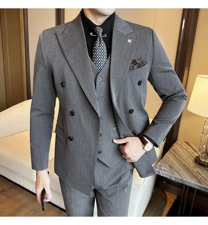 (Jackets+Pants) Luxury Double Breasted Design Slim Fit Suit High Quality Fashion Men's Wedding Social Suit Tuxedo 2 Piece Set