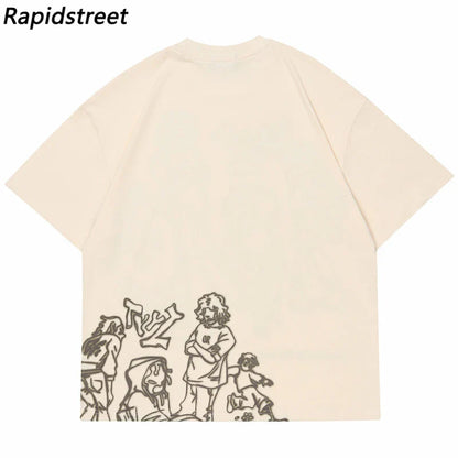 Harajuku Cartoon Girl Cat Japanese Kanji Graphic T Shirt Streetwear Men T-Shirt Summer Short Sleeve Tshirt Tops Tees Unisex
