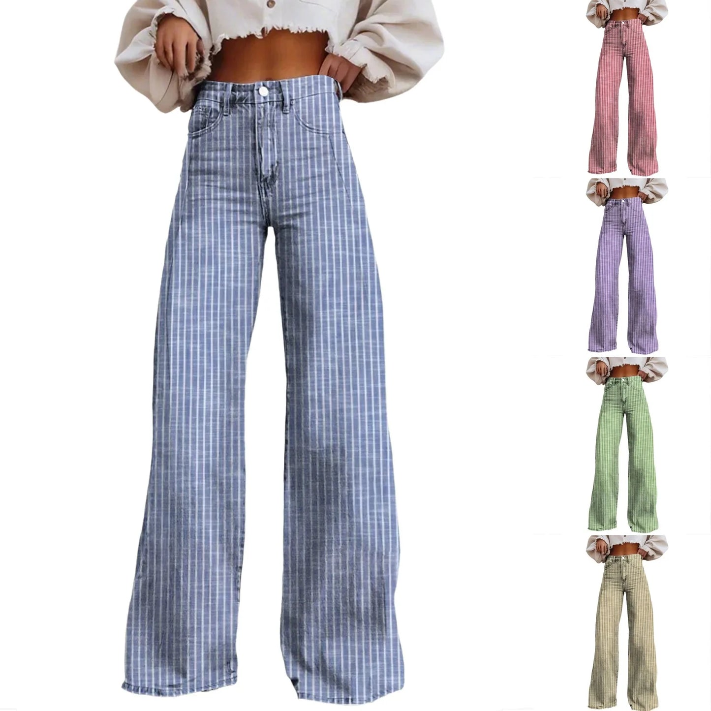 Trendy Color Striped Wide Leg Straight Denim Pants