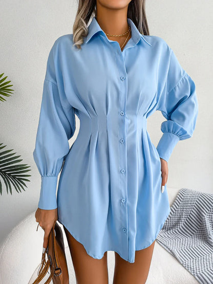 Women Casual Buttons Long Sleeve Shirt Dress Autumn 2026 Solid Color Lapel Mini Dress White Blue Army Green Woman Clothing