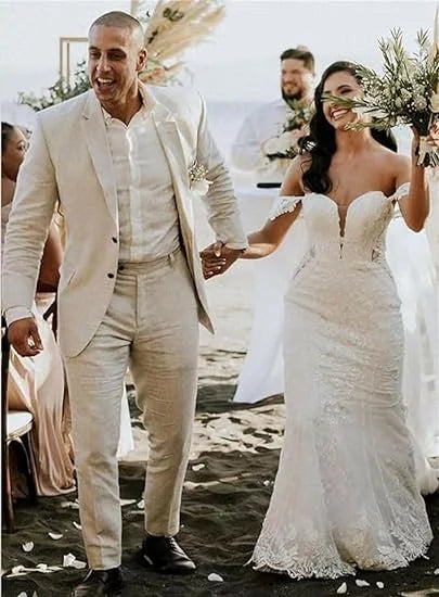 Mens Linen Suit for Beach Wedding Slim Fit 2 Piece Wedding Tuxedo for Men Casual Linen Suit Prom Party Suit