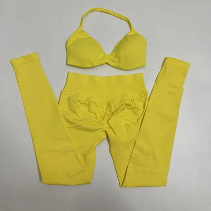 2pcs Seamless Yoga Set Women Yoga Scrunch Leggings Set Strappy Halter Sports Bra Fitness Gym Clothing Workout Set