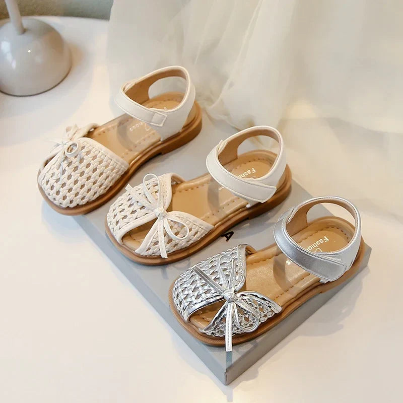 Girls Princess Shoes Weave Breathable Kids Beach Shoes with Simple Bows 2025 Summer New Children Sandals Soild Color Non-slip