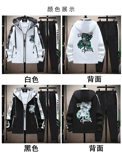 Spring Men Sportswear Tracksuit 2 Piece Running Sets Sports Hooded Jacket+Pant Sweatsuit Male Print Clothing Streetwear