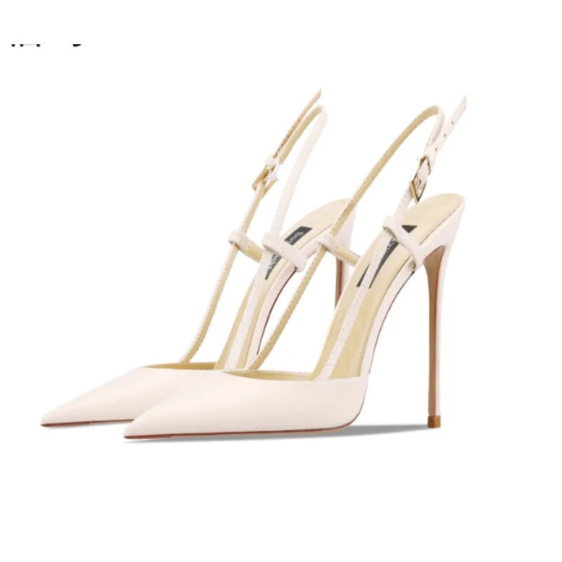 Bare leather edge buckle straight strap sandals for women, new pointed shallow mouth slim heel fashionable single shoe