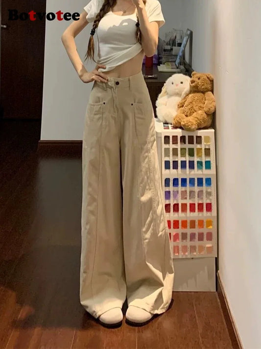 Botvotee Retro American Beige Denim Jeans for Women streetwear baggy High Waisted Flare 1950s/1960s Jeans Vintage Cargo Pants