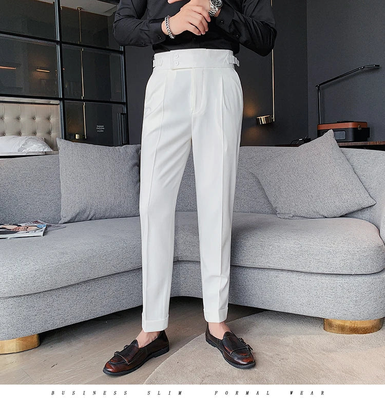 Men British Style Suits Pants New Male Solid High Waist Trousers High Quality Men Formal Slim Fit Business Casual Suit Pants