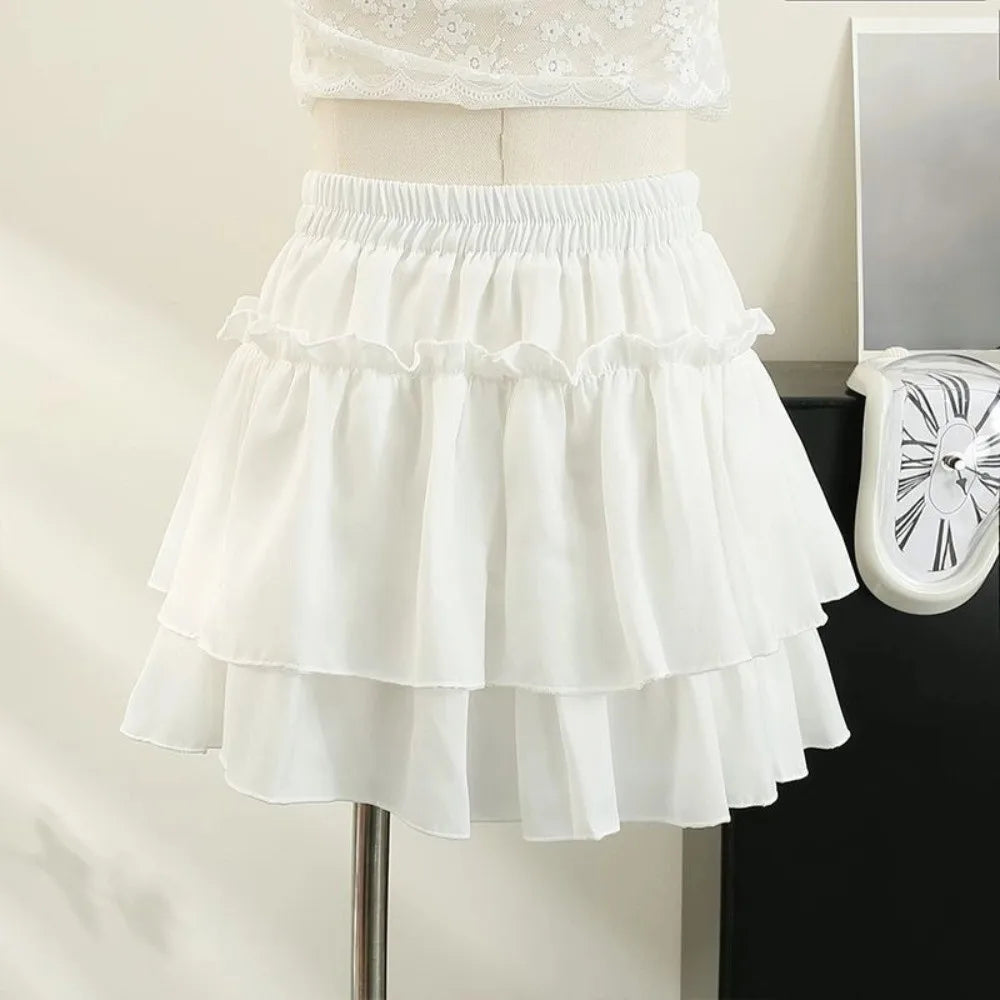 Chic Sweet Style Pleated A-Line Skirt Elegant Versatile Tiered Skirt Basic Cut High Waist Elastic Waist Skirt Summer