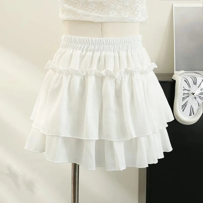 Chic Sweet Style Pleated A-Line Skirt Elegant Versatile Tiered Skirt Basic Cut High Waist Elastic Waist Skirt Summer