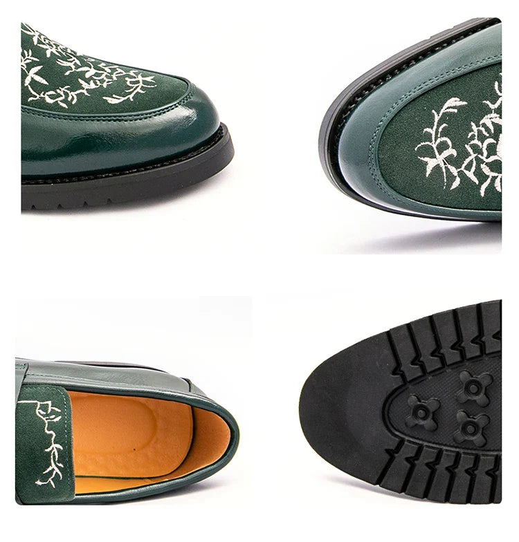 Green Embroidered Man Formal Shoes Autumn Men's Loafers Shoes High Quality Casual Leather Shoes for Men chaussure hommes cuir