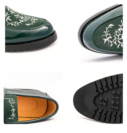 Green Embroidered Man Formal Shoes Autumn Men's Loafers Shoes High Quality Casual Leather Shoes for Men chaussure hommes cuir