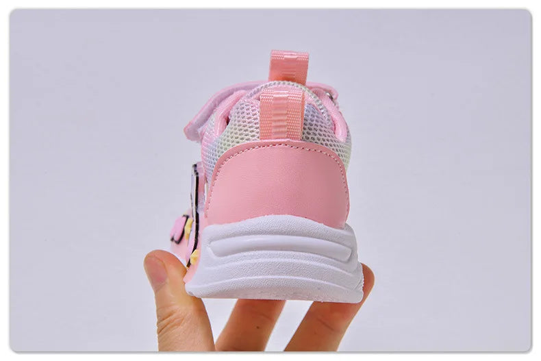 Kids'Casual Shoes Girls Led Light Cartoon PU Leather Fashion Sport Flat Bottom Shoes Breathable White Pink Size 21-30