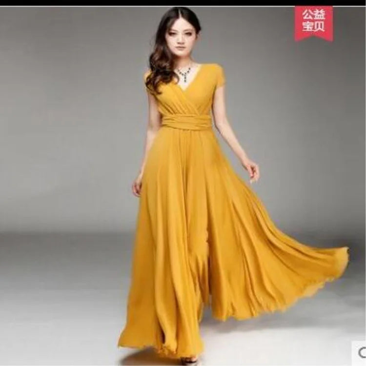 Women's Short-Sleeved Chiffon Evening Dress, Female Party Dress, Monochromatic, Bohemian, Long, Elegant, New, 2022