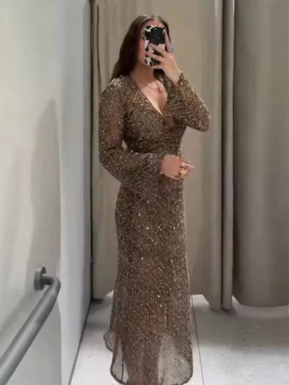Sexy Sequined Long Pleated Dress Women Deep V-neck Full Sleeve See Through Dresses 2026 Summer Lady Party Evening Dresses ﻿