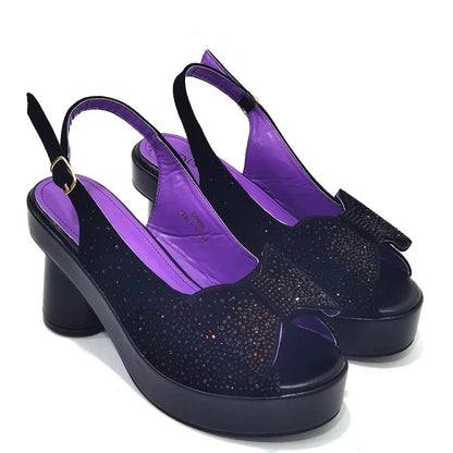 Silver Fashion Square Heels with Platform African Women Shoes and Bag Set Full Crystal Pumps for Wedding Party