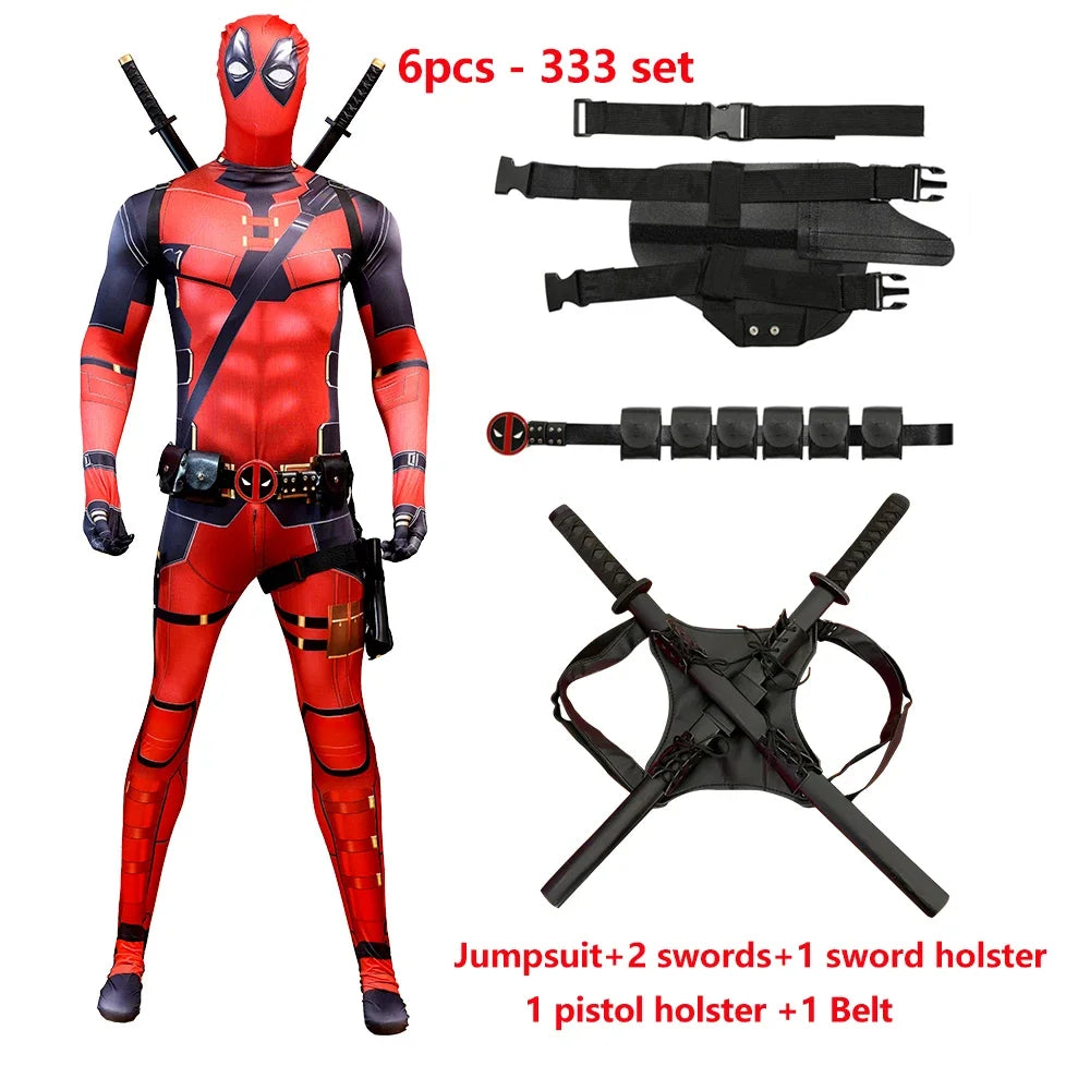 Deadpool Child Costume Halloween Costumes Kids Men Adult Superhero Bodysuit Jumpsuit Children Cosplay Costume Swords Accessories