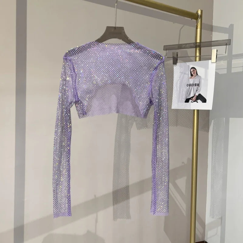 new sexy bright diamond short top Slim thin Ms. hot drill long-sleeved T-shirt sexy leak waist nightclub