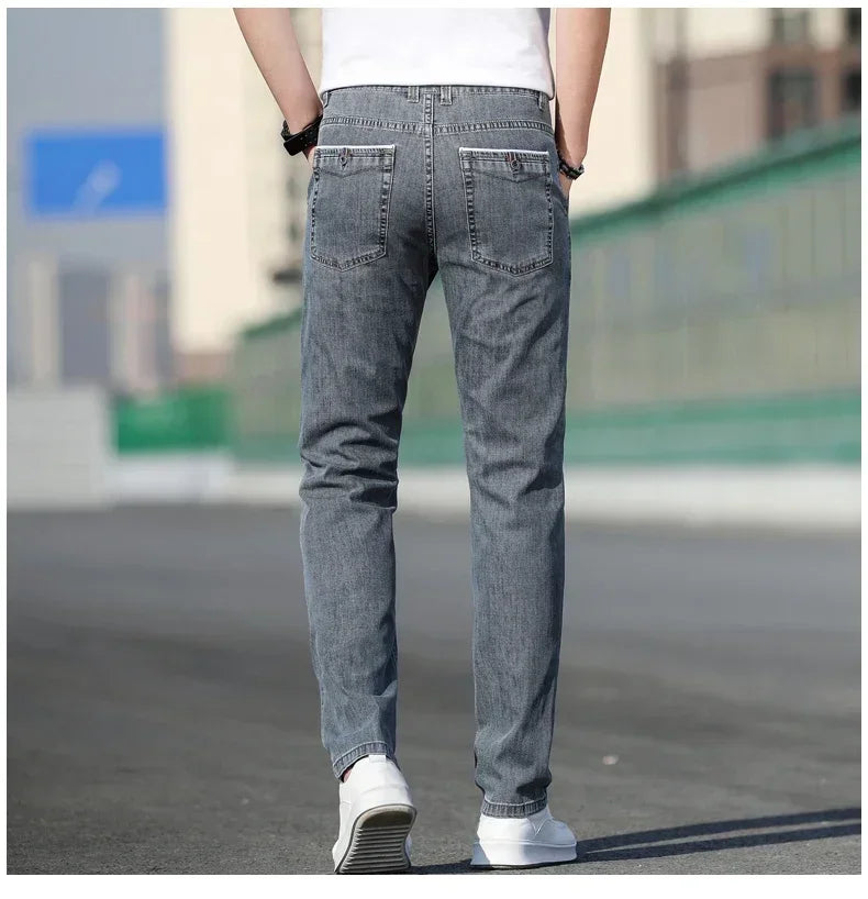 Summer New Men's Loose Stretch Gray Jeans Fashion Casual Stretch Straight-leg Denim Pants Male Light Blue Brand