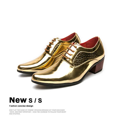 New 2025 Luxury Gold Men High Heel Leather Shoes Moccasins Designer Pointed Dress Shoes Men Wedding Formal Shoes Big Size 46
