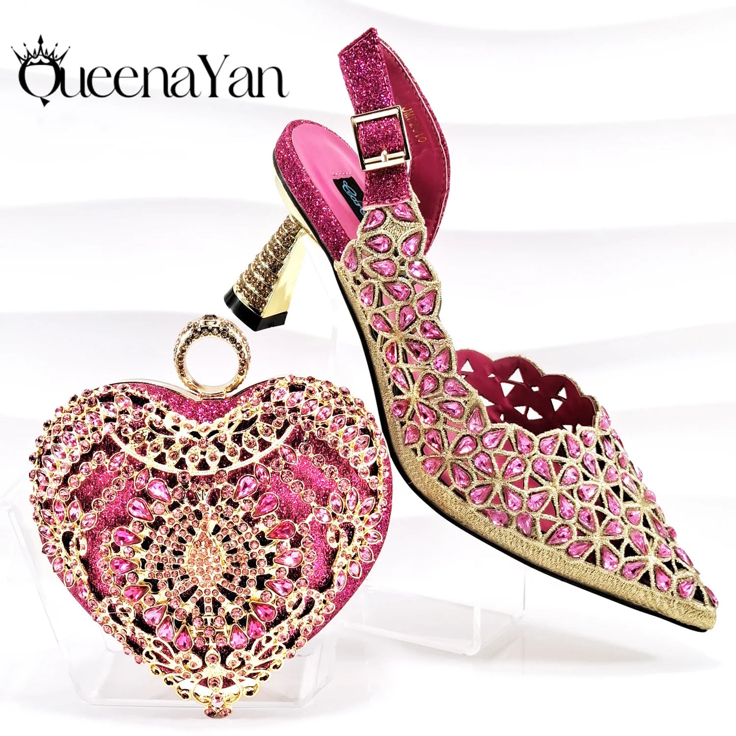 Italian Design Rhinestone-encrusted Sex Ladies Shoes And Special Bag High Heels And Heart Shape Gold Mini Bag