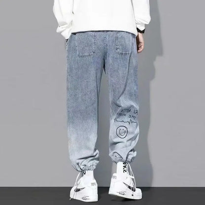 Korean Clothing  Men Letter Printed Jeans High Waisted Baggy Jeans Cartoon Graffiti Hip-Hop Pants Blue Jeans