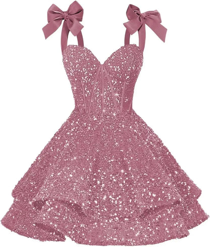 Sparkly Sequin Bows Homecoming Dresses 2026 Short Spaghetti Straps Tiered Satin Sweet Prom Cocktail Dress Graduation Dress
